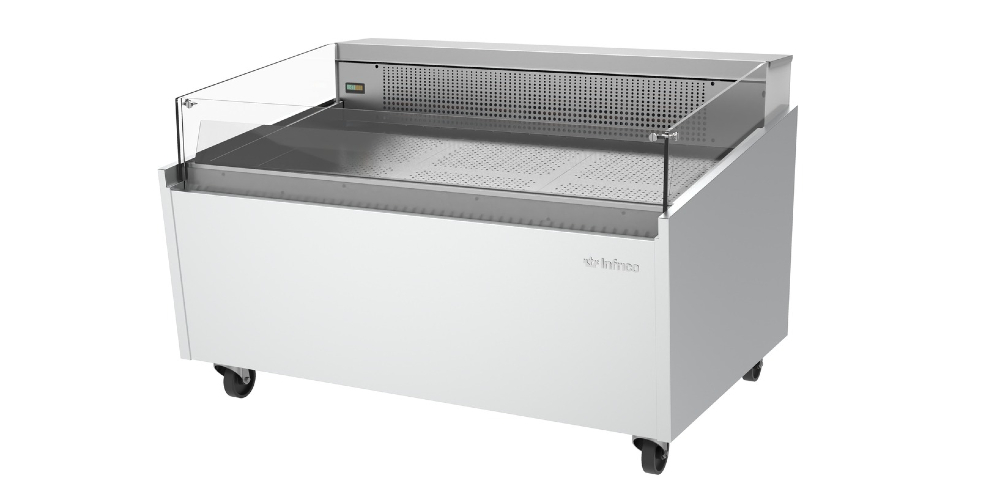 Infrico Malaga VML B Fish Serve Over Counter Low Height Glass Ventilated Evaporator Plug In With Cold Plate