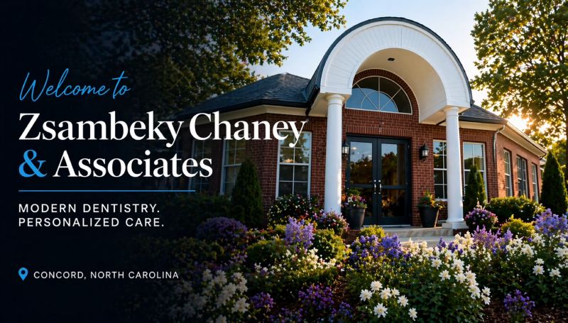 Brick building entrance with white columns, flower garden, and text for Zsambeky Chaney & Associates dental care.