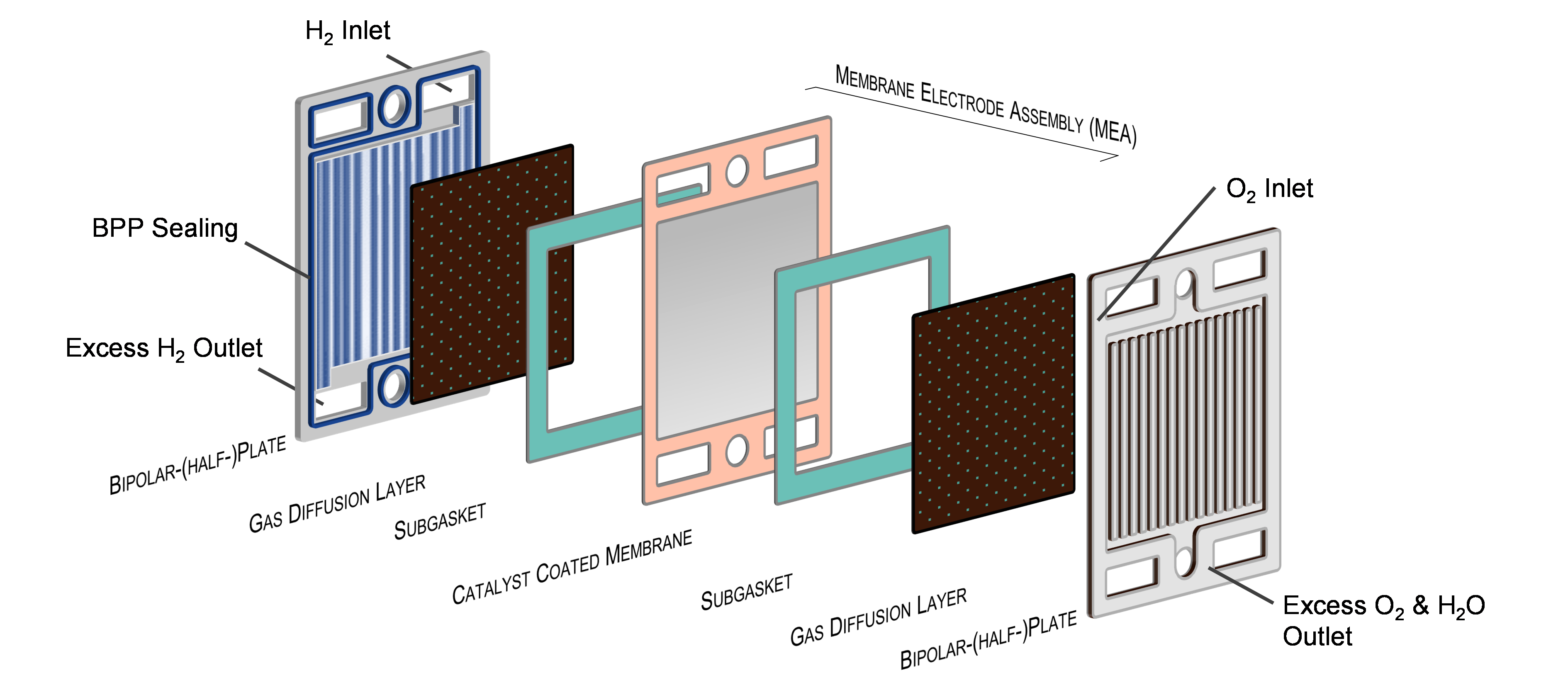 Set-up of a PEMFC cell [in accordance with Heimes et al. Production of Fuel Cell Components