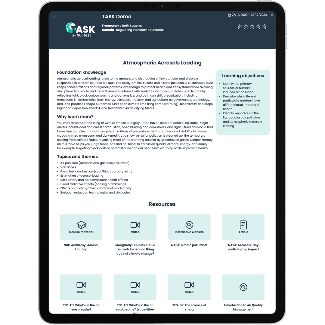 The results page after passing TASK, the sustainability knowledge test.