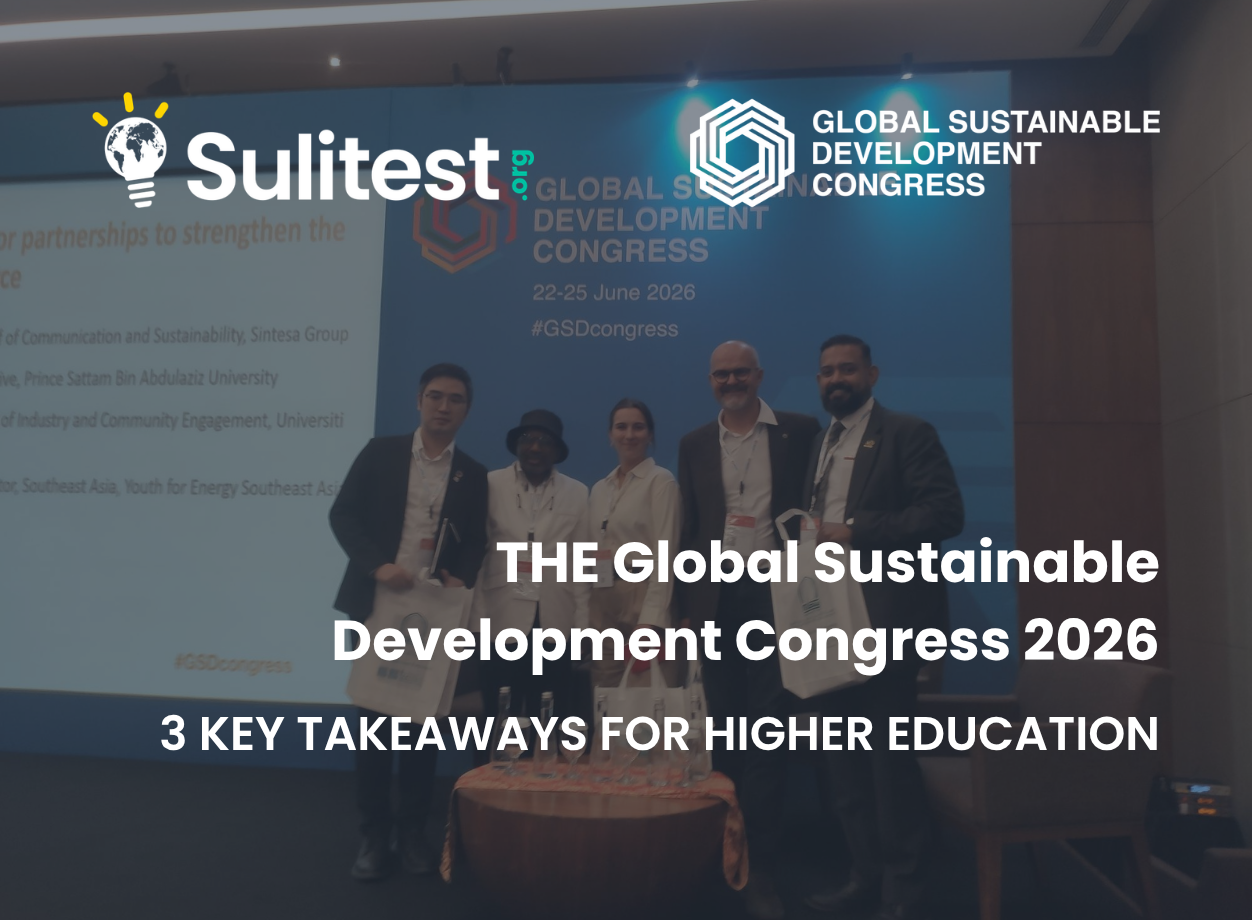 Sulitest at the THE Global Sustainable Development Congress 2026 in Jakarta discussing sustainability education.