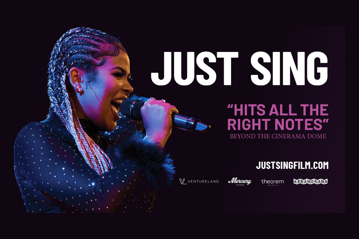 Just Sing Promo Poster Image - Image of woman singing with text "Just Sing" and quote "Hits all the right notes" and link to justsingfilm.com