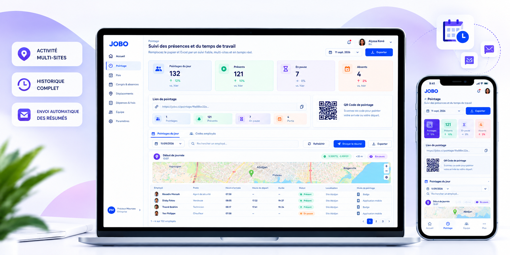 Ce que vous pilotez avec JOBO Pointage