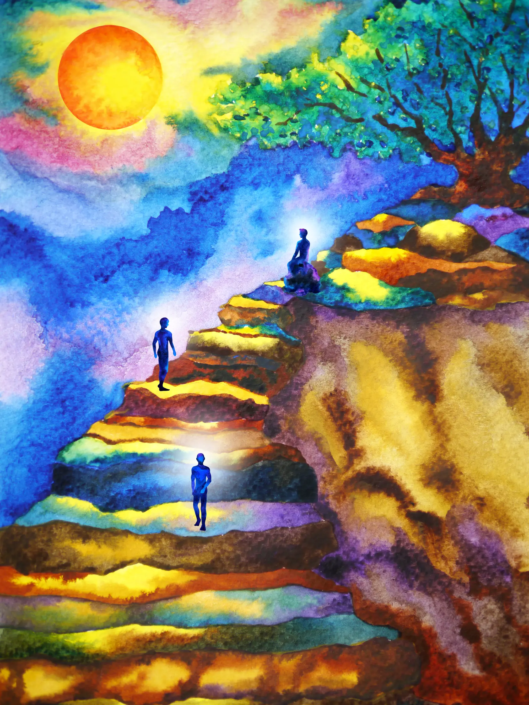 Water color fine art painting of a multicolor staircase leading to the top of a mountain with a person meditating under a tree at the top