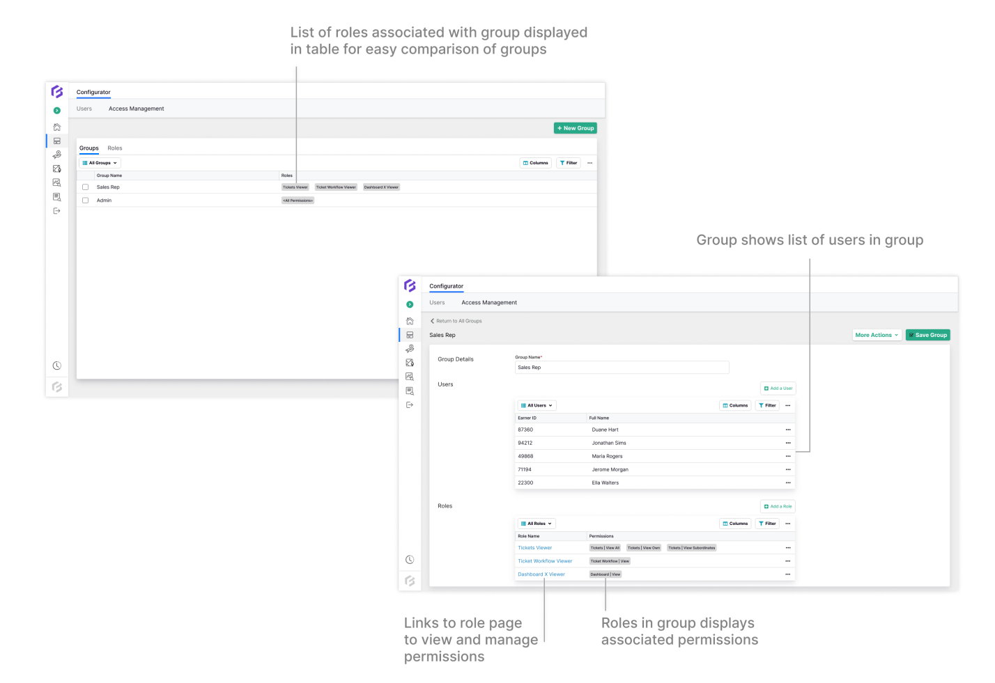 2 screens displaying list of users and groups