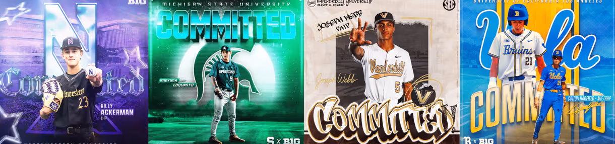 Four baseball players in college uniforms posing under large 'Committed' text for Northwestern, Michigan State, Vanderbilt, and UCLA.