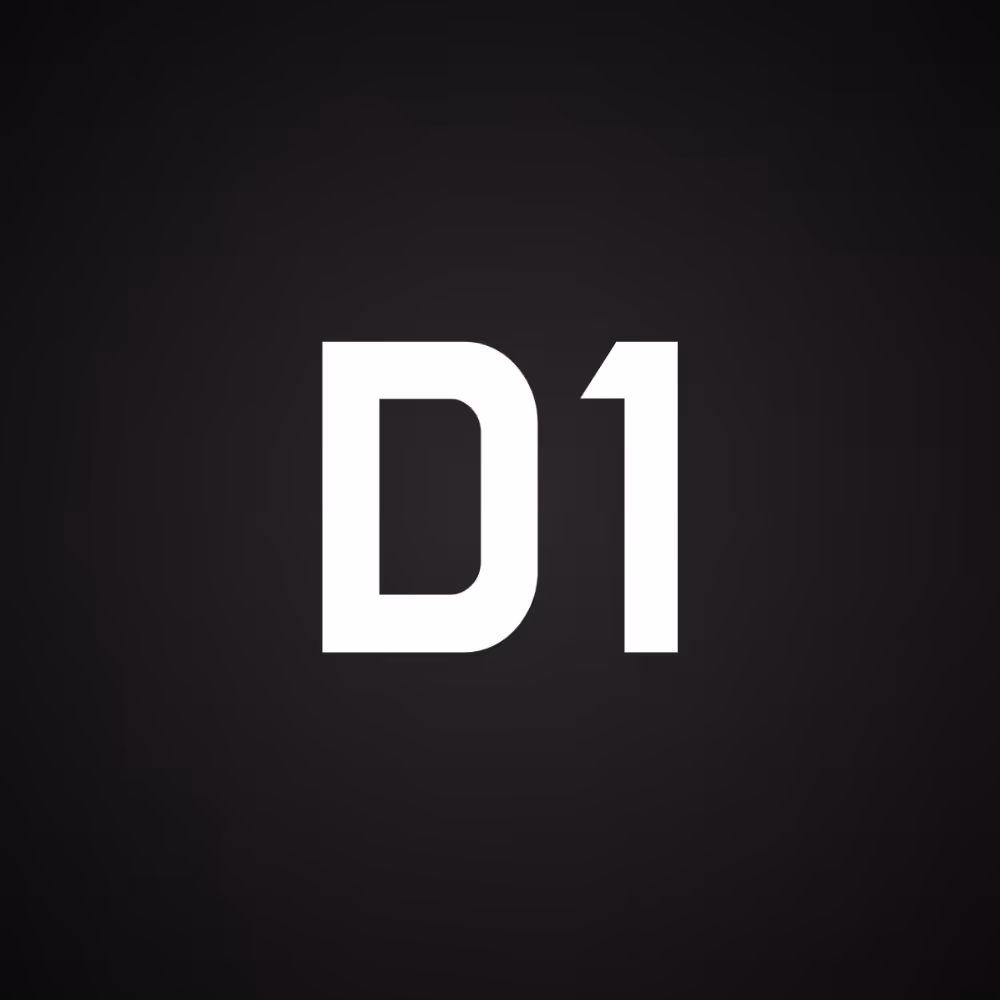 White capital letter D followed by number 1 on a black background.