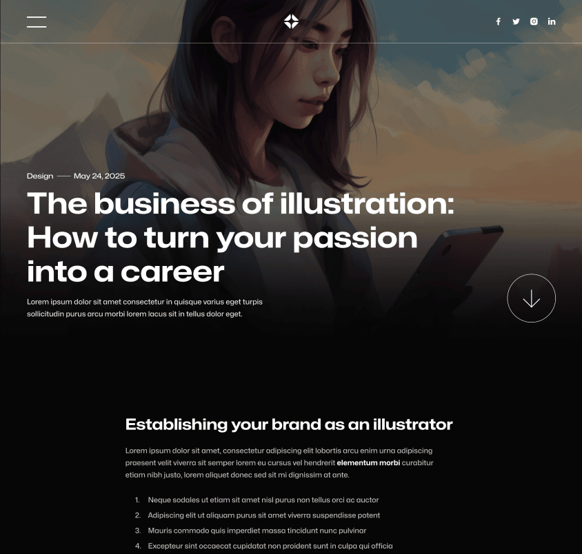 Illustrator X - Blog Post Page - Darkmode Portfolio Webflow Template