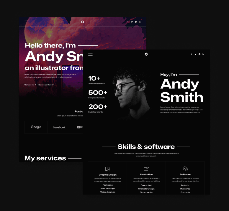 Illustrator X - 12 Pages Included - Darkmode Portfolio Webflow Template