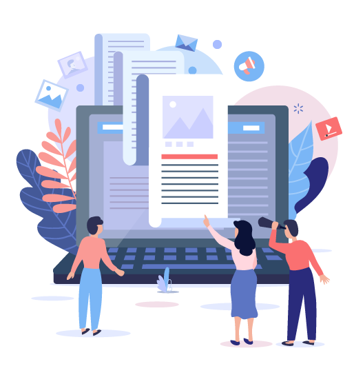 Illustration of three people interacting with a large laptop displaying documents and digital content icons.