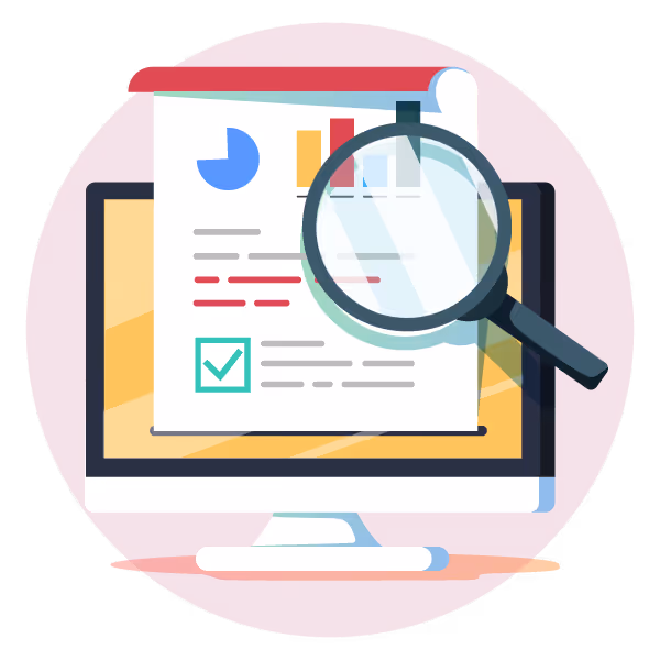 Computer monitor displaying a document with charts and text, overlaid by a magnifying glass.