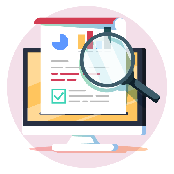 Computer monitor displaying a document with charts and text, overlaid by a magnifying glass.