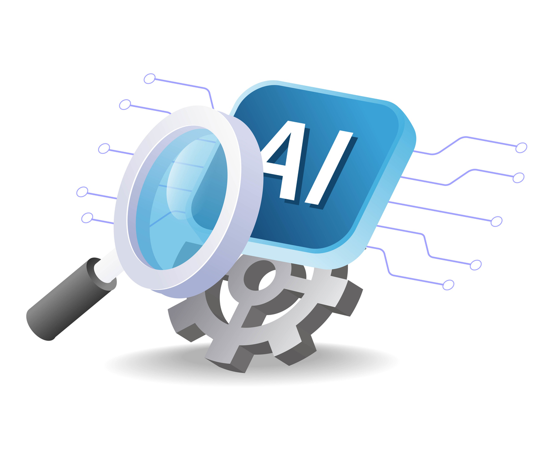 Magnifying glass inspecting a blue AI symbol with a gear and digital circuit lines.