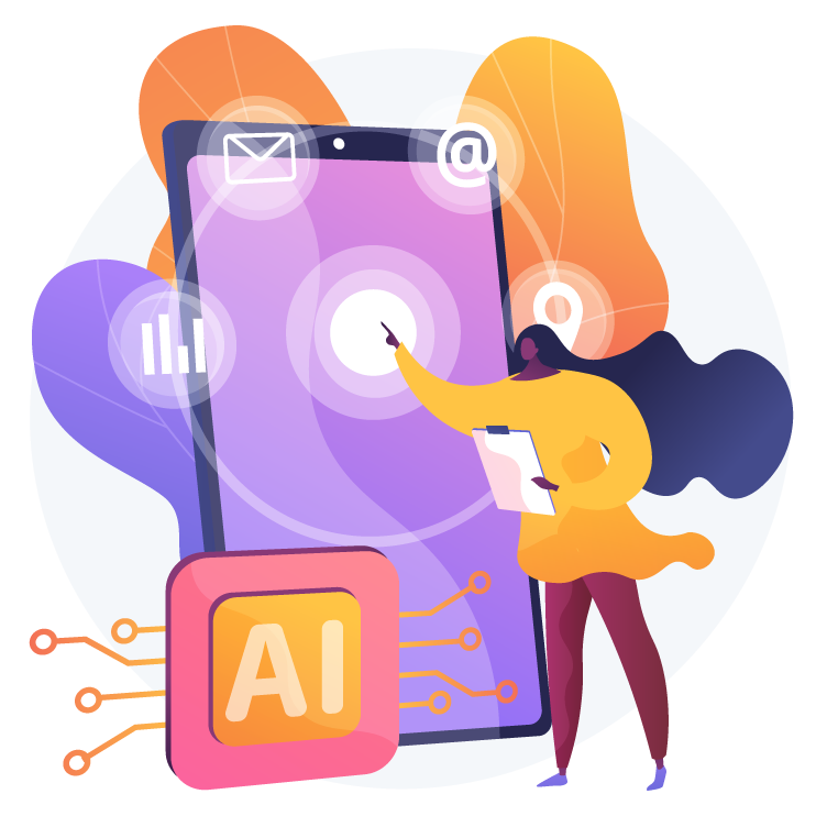 Illustration of a woman in a yellow dress pointing to a large smartphone screen with icons for email, analytics, location, and at symbol, alongside a chip labeled AI.