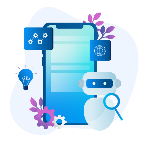 Illustration of a robot holding a magnifying glass next to a large smartphone with icons of gears, a light bulb, and a globe representing technology and AI.
