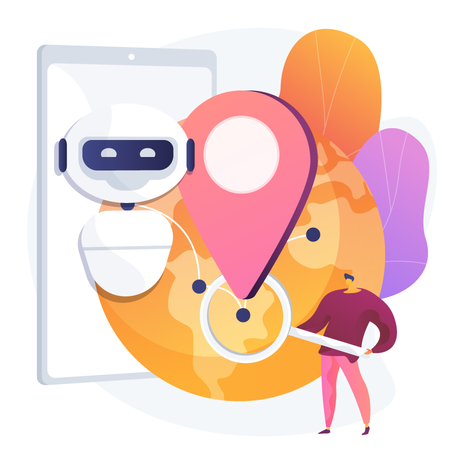 Illustration of a robot and a person analyzing a large map with a pink location pin and magnifying glass emerging from a tablet screen.