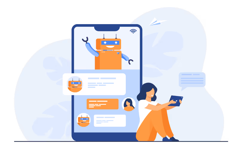 Illustration of a woman sitting on the floor using a tablet, next to a large smartphone showing a smiling robot chatting in a messaging app.