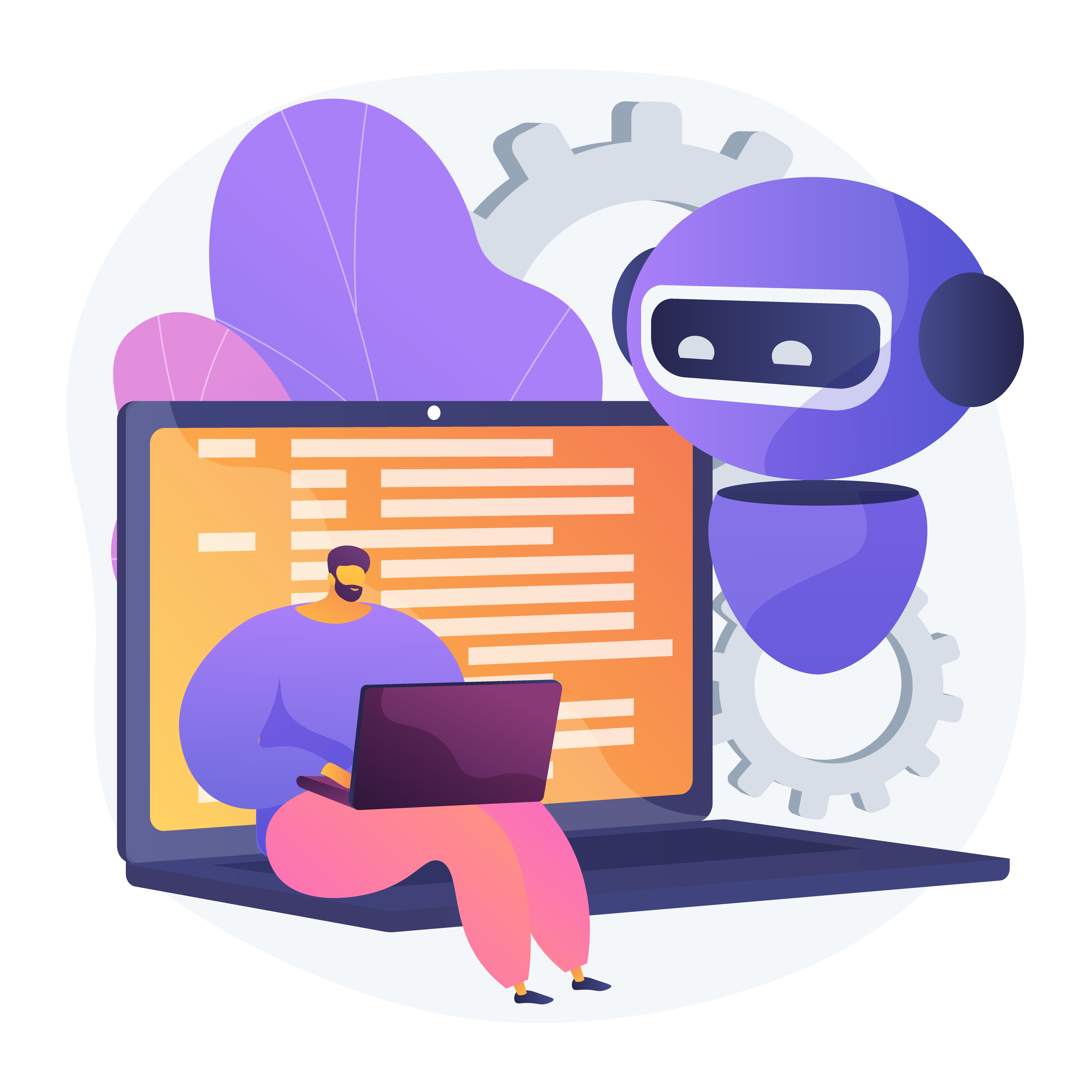 Illustration of a person sitting on a laptop keyboard working on a laptop, accompanied by a friendly robot with gears in the background.