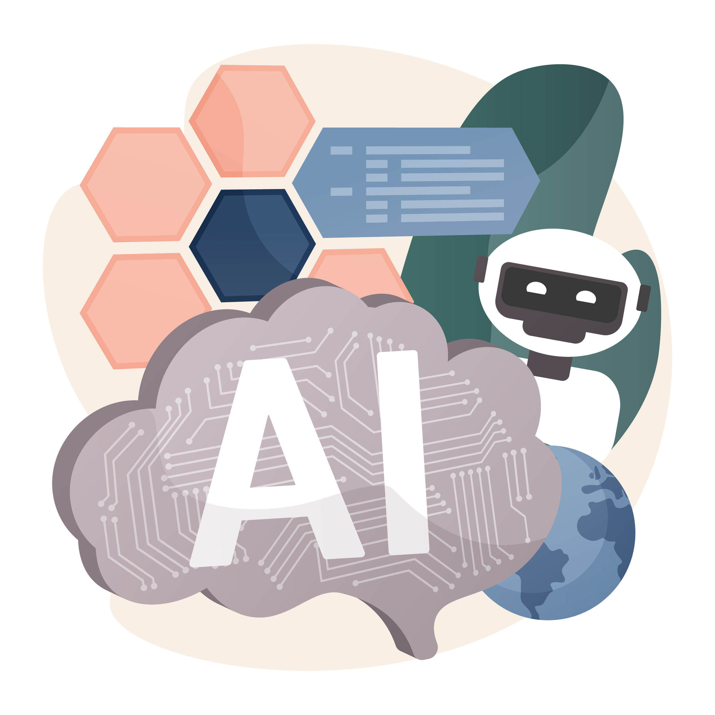 Illustration of a digital brain with circuit lines and large letters AI, next to a small robot and a globe.