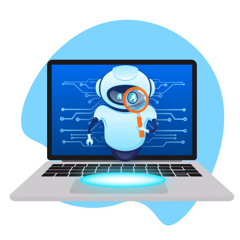 Robot with a magnifying glass emerging from a laptop screen displaying digital circuits.