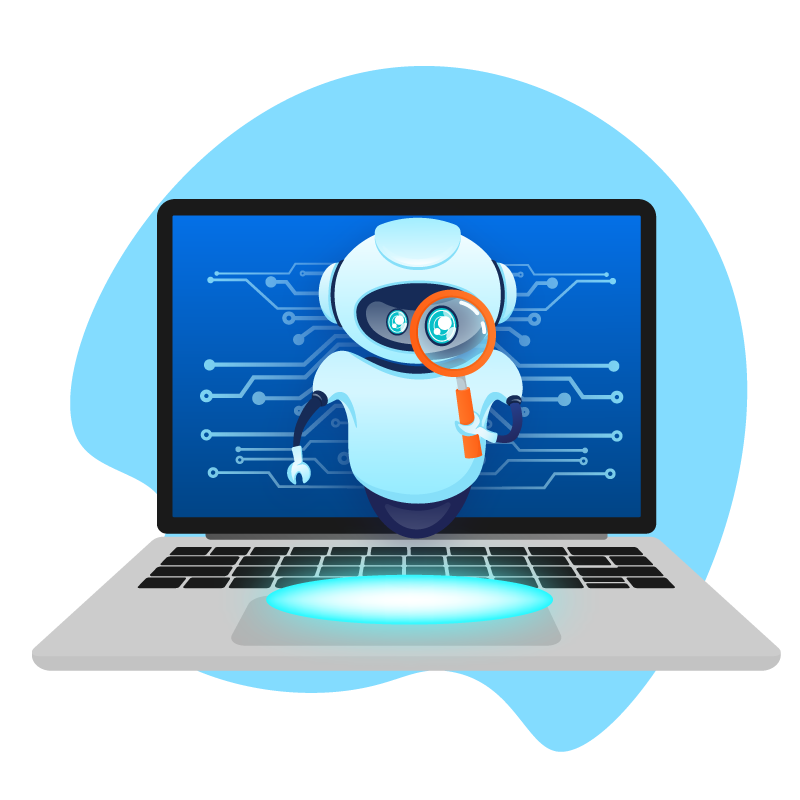 Robot with a magnifying glass emerging from a laptop screen displaying digital circuits.