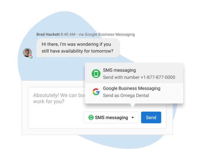 SMS messaging options on Ava Business Assistant App