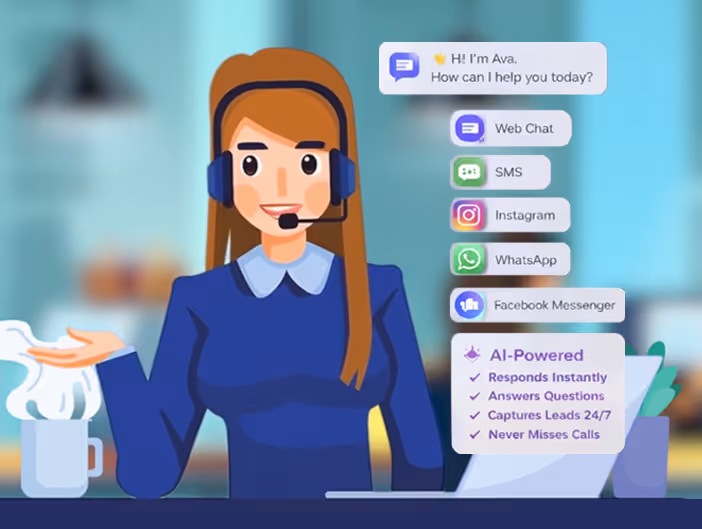 Illustration of Ava, business assistant with headset, showing communication options and AI-powered features.