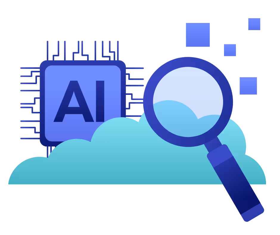 Illustration of a computer chip labeled AI behind a cloud with a magnifying glass symbolizing AI search technology.