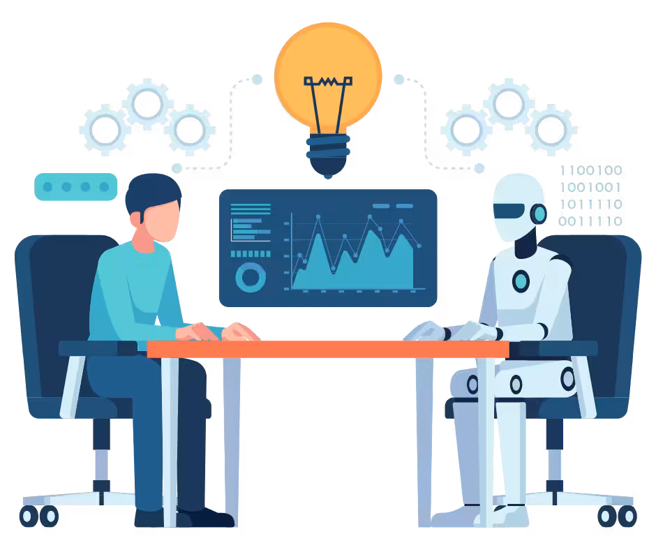 Illustration of a person and a robot sitting across a table analyzing data on a screen with gears and a light bulb symbolizing ideas and AI collaboration.