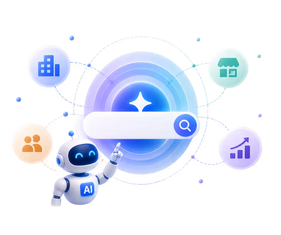 Friendly robot with AI label pointing to a glowing search bar surrounded by icons representing business, people, store, and growth.