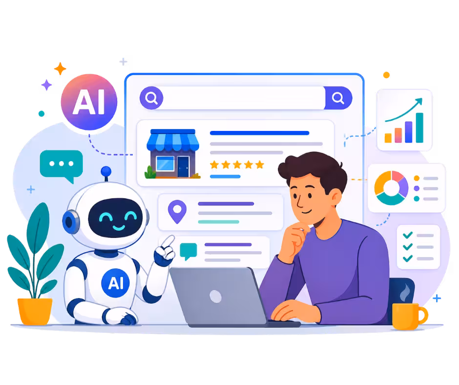 Illustration of a smiling robot with AI label interacting with a man using a laptop, surrounded by digital charts and search interface icons.