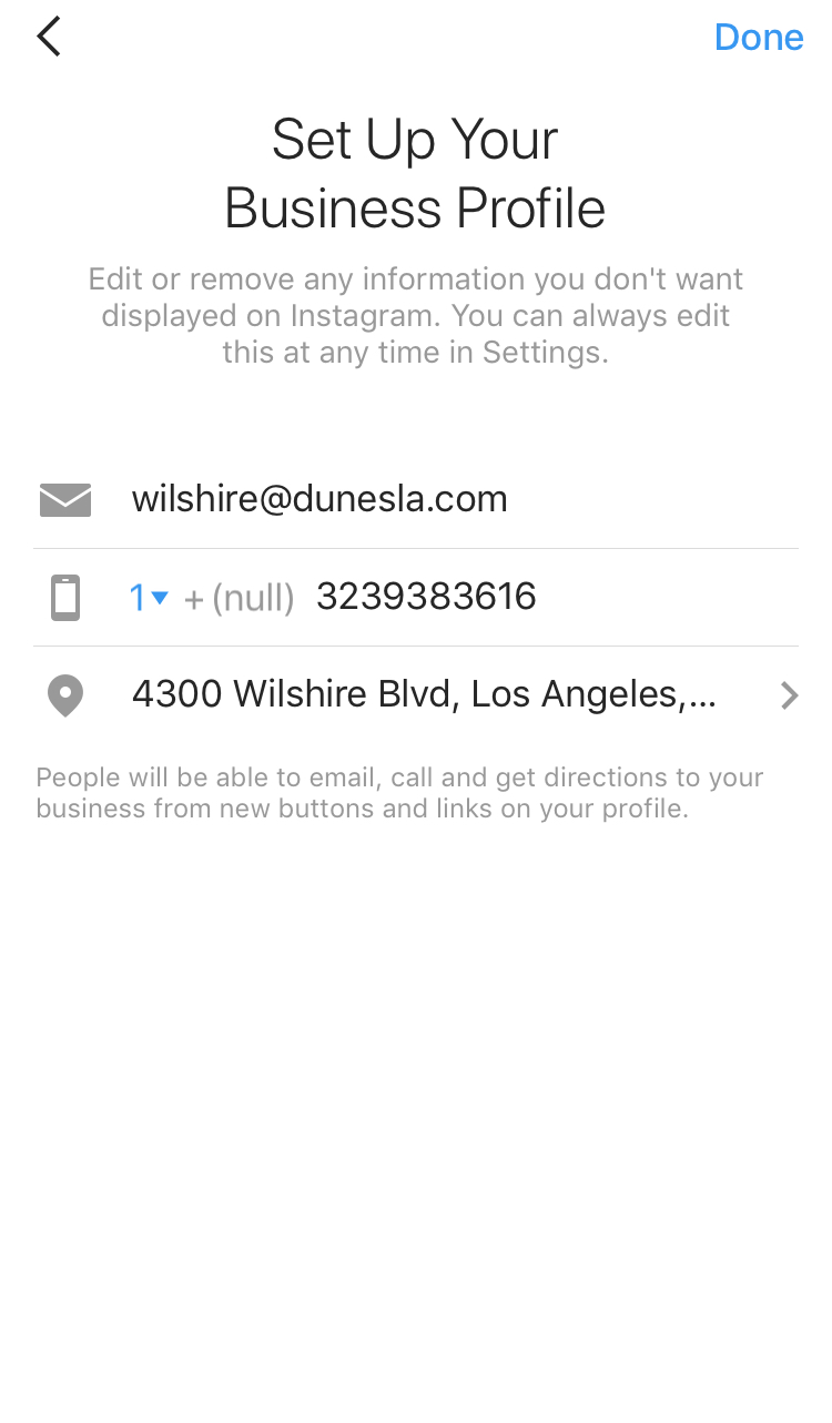 filling in business information on Instagram