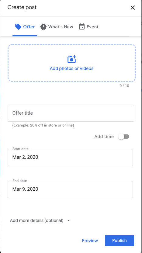 creating an offer in Google Posts