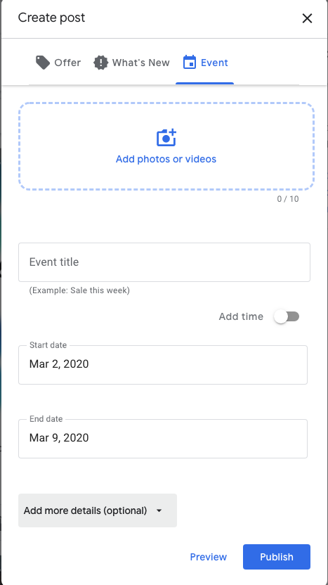Enter the title into an Event in google Posts