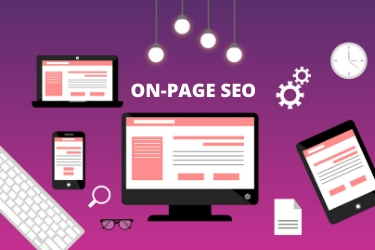 On-Page SEO - Graphics of a computer, laptop, tablet and mobile with a webpage