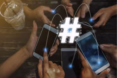 Group of people connected by a hashtag