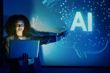 Woman presenting and pointing to AI