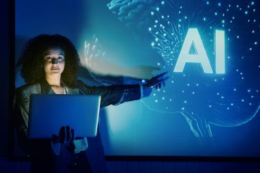 Woman pointing at AI