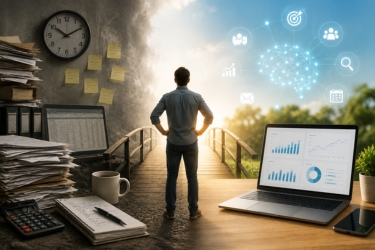 Small business owner transitioning from manual work to AI-powered marketing and automation.