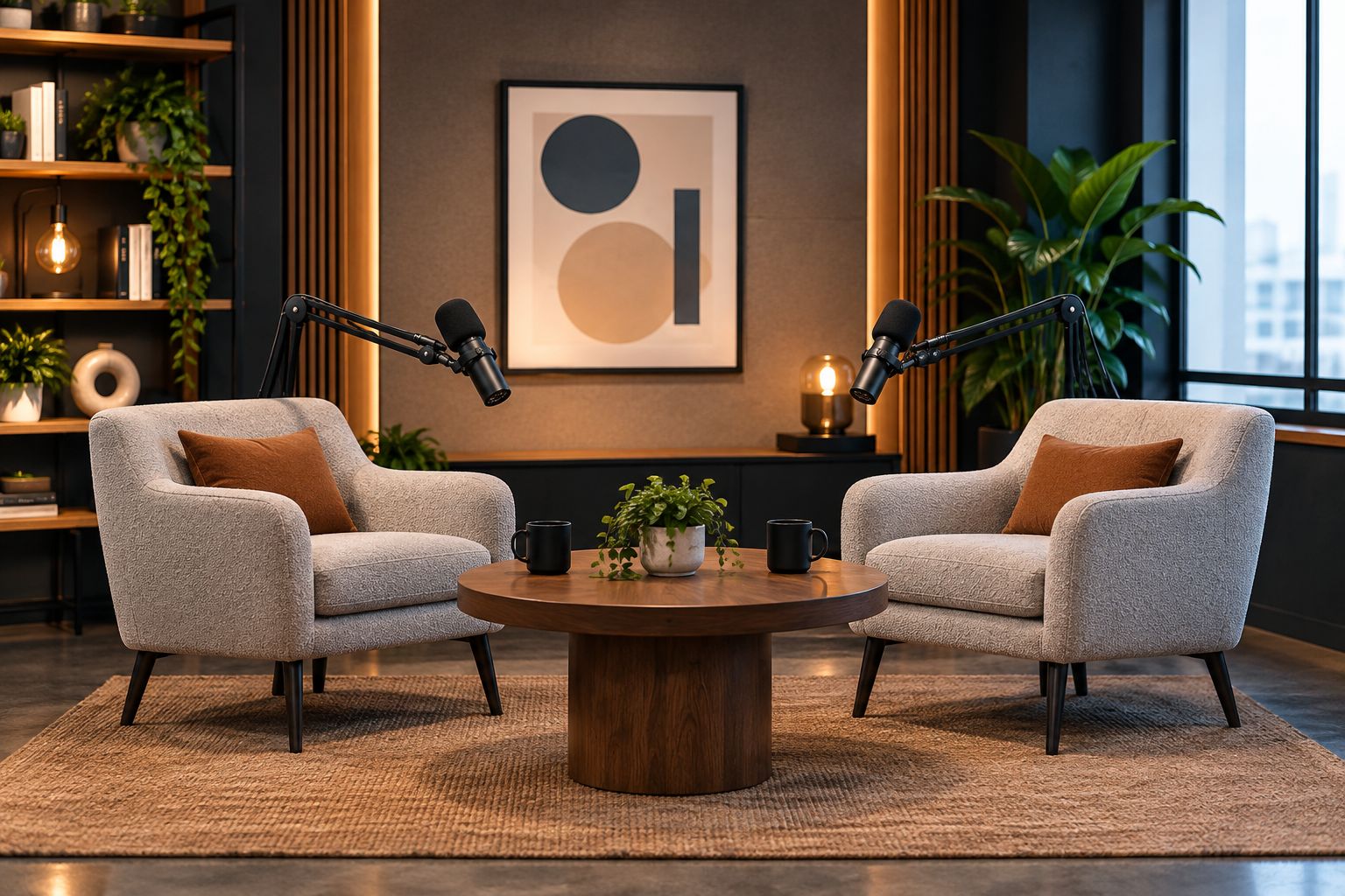 Branded podcast studio set with two chairs, microphones, and ambient lighting