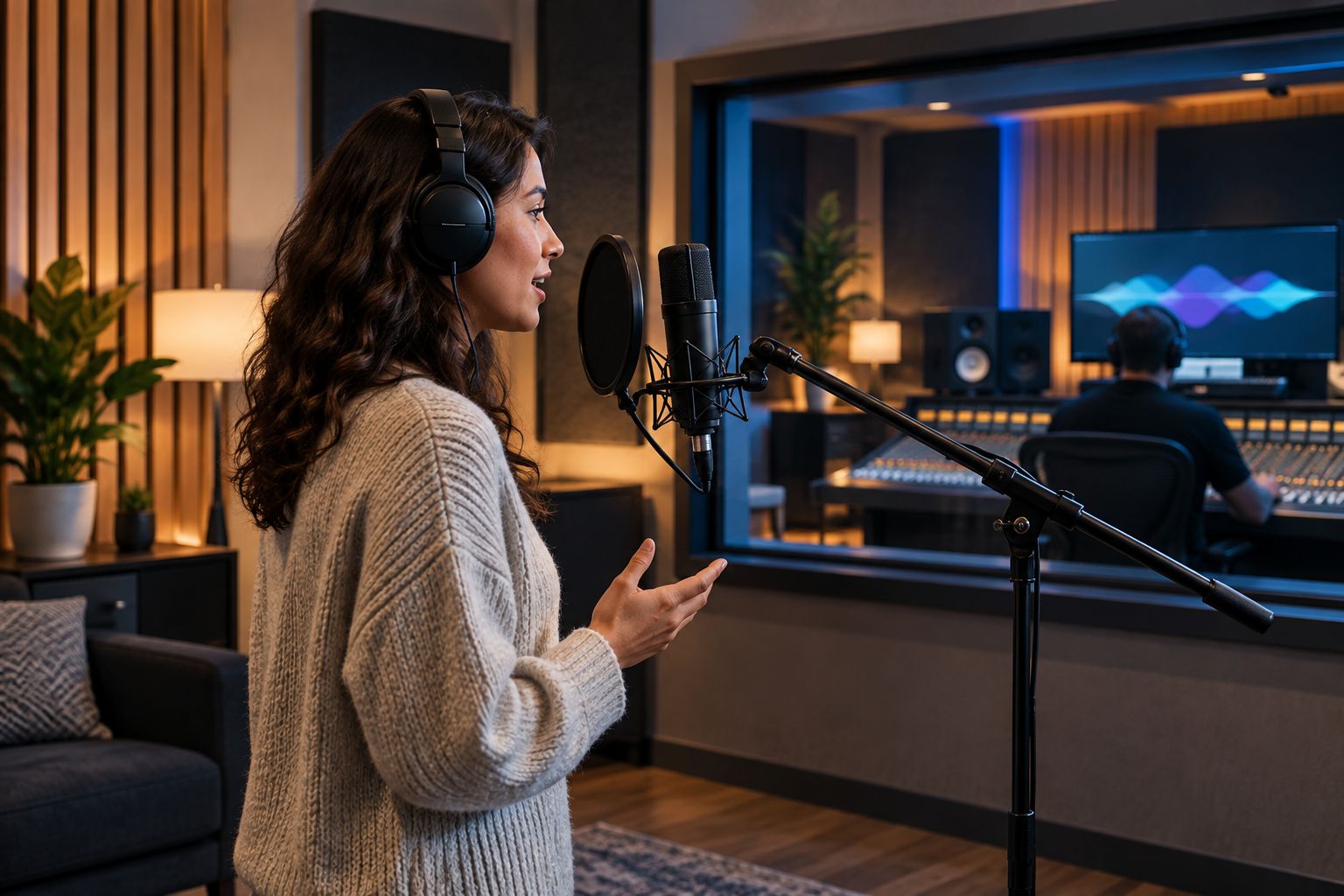 Voice talent recording in a custom studio set with an engineer in the control room
