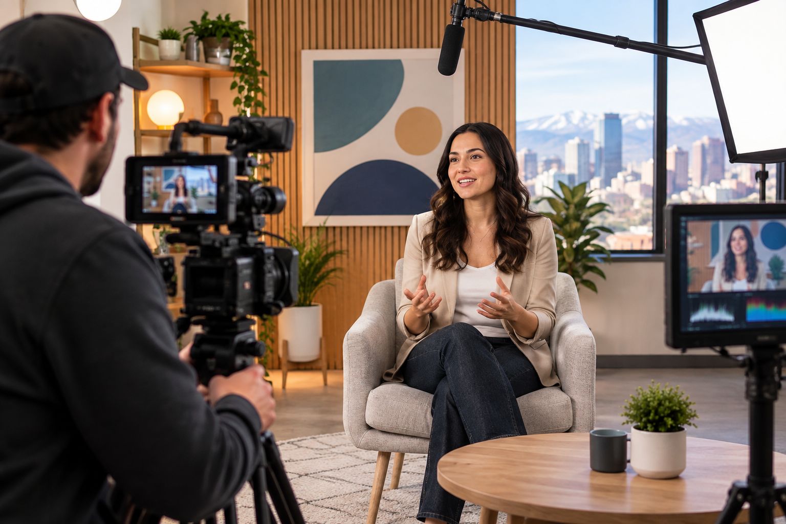Branded video production set with camera, lighting, and audio gear
