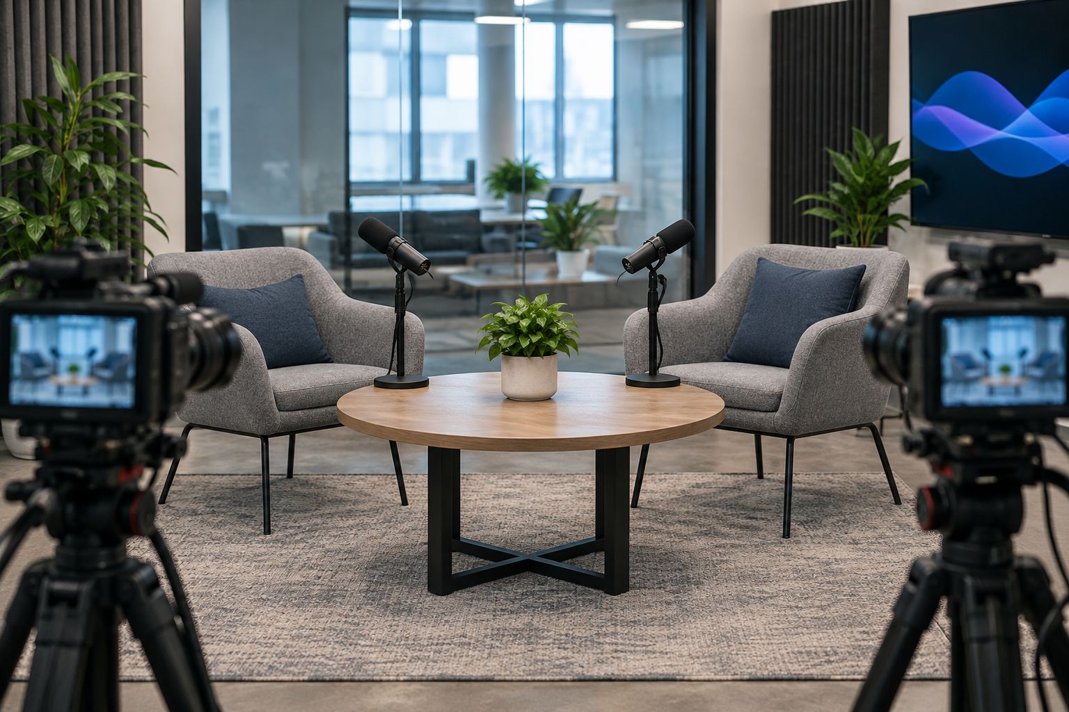 Generic podcast set showing speaker seating, microphone positions, and camera sightlines