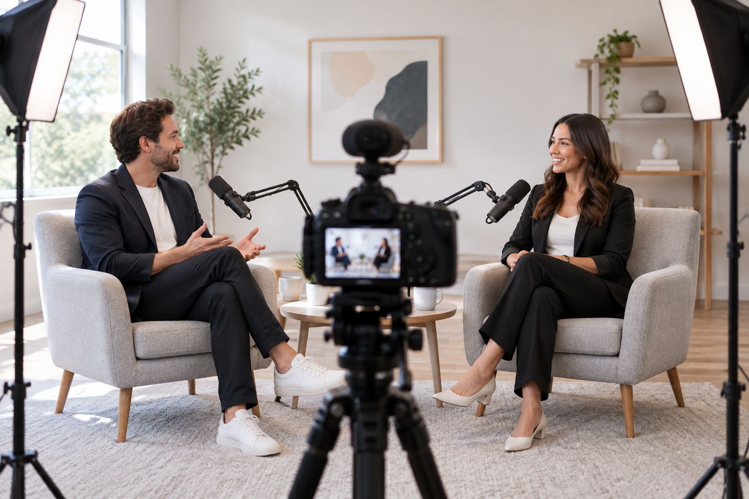 Generic recording set with chairs, microphones, camera, and lighting