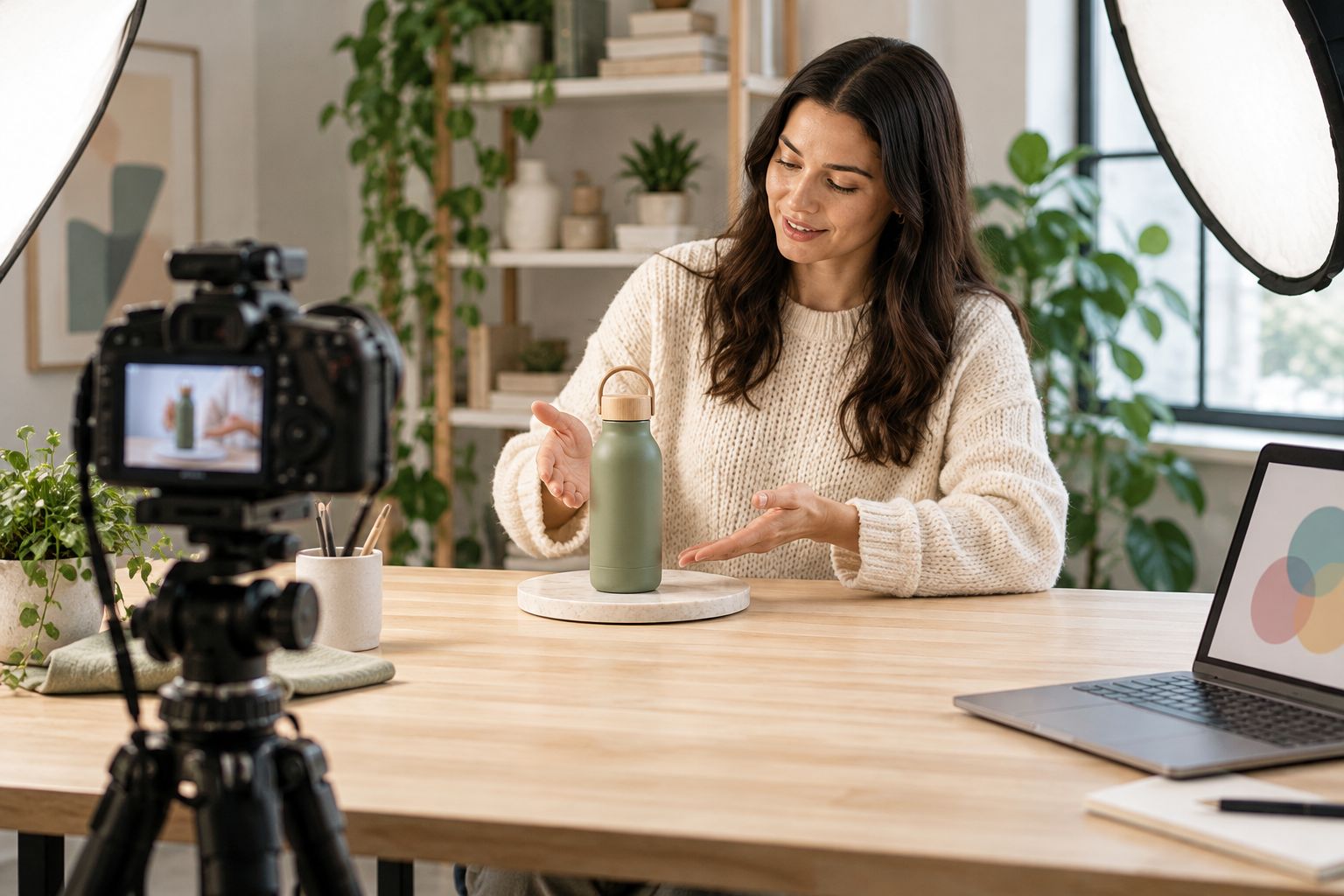 Tabletop recording setup with clear space for a hands-on product demonstration