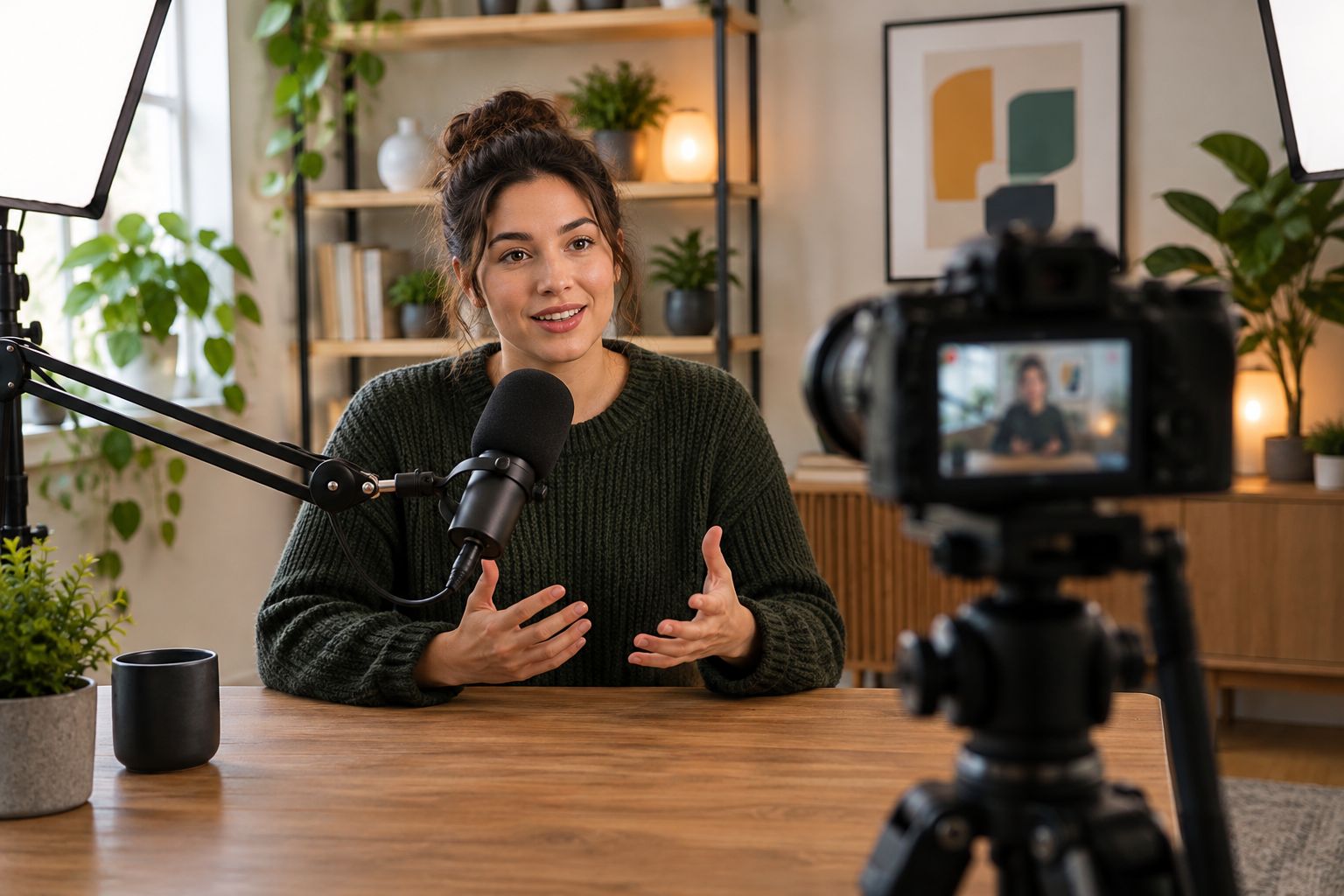 Generic video set showing the relationship between the camera, microphone, lighting, and presenter position