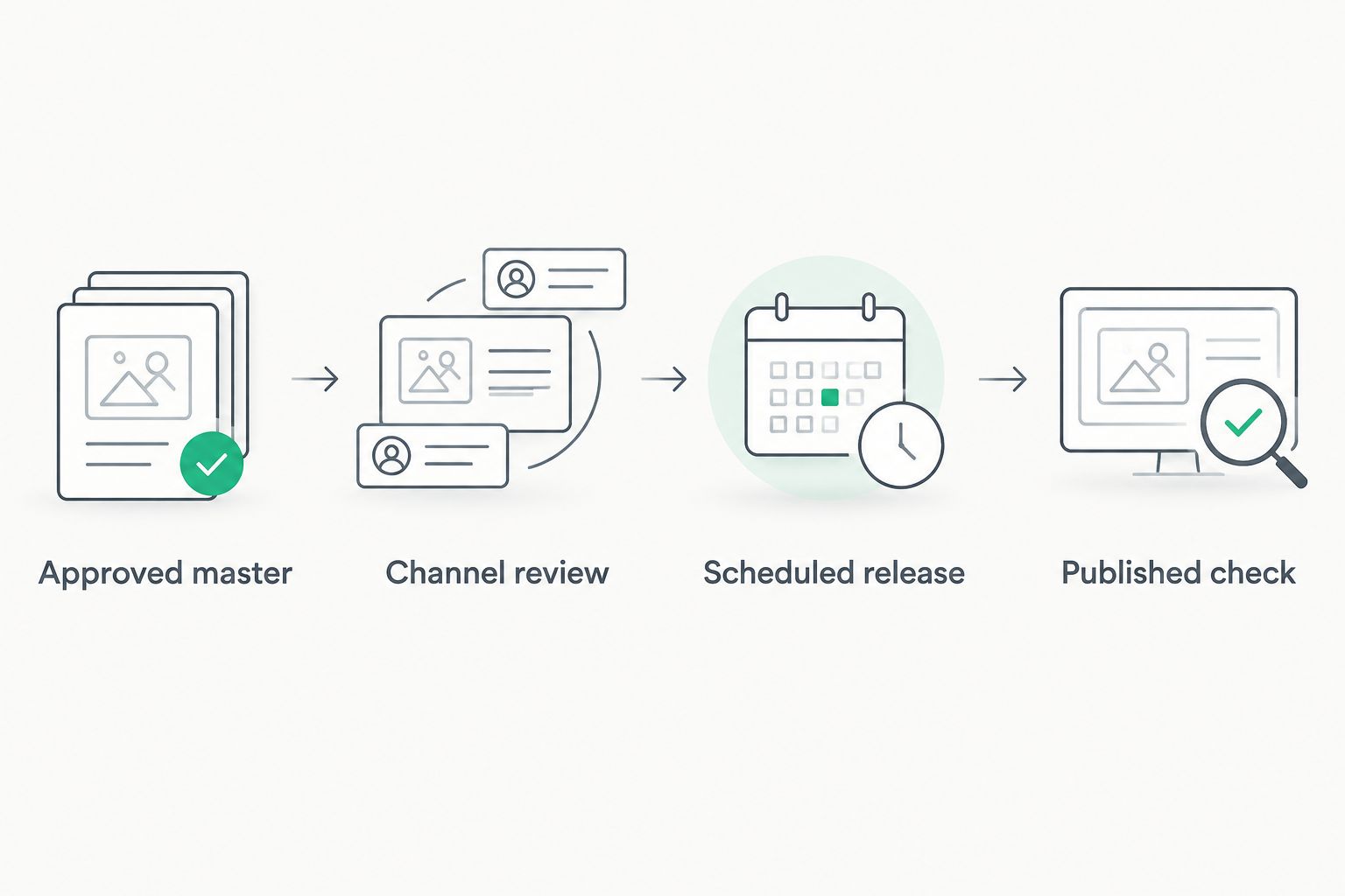 Episode publishing sequence from approved master through review, scheduling, and public playback verification.