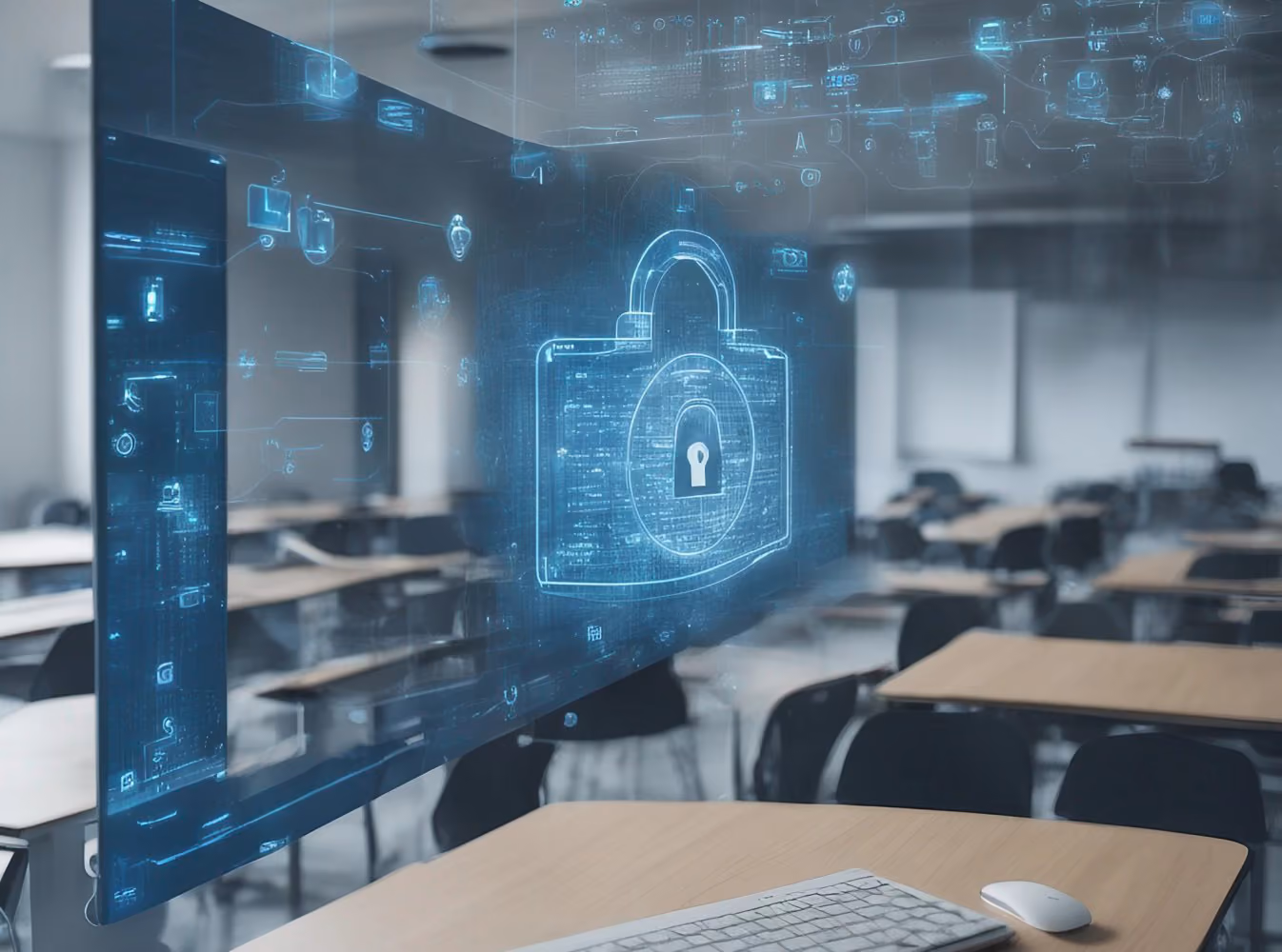 #AI prompt: an interactive whiteboard in a classroom with a blue holographic overlay of a cybersecurity padlock
