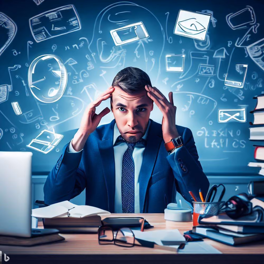 #AI prompt: a confused headteacher in their school office surrounded by different types opf technology