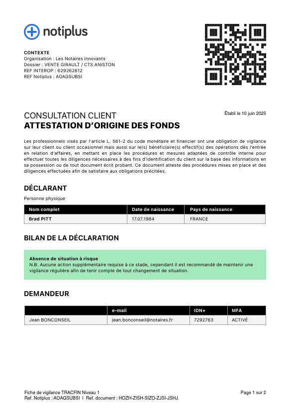 Attestation d'origine des fonds LCB-FT